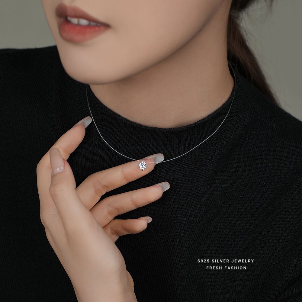 S925 sterling silver mermaid tears moissanite necklace for girls, exquisite zircon invisible fishing line, niche and versatile collarbone chain Style_1 925 silver