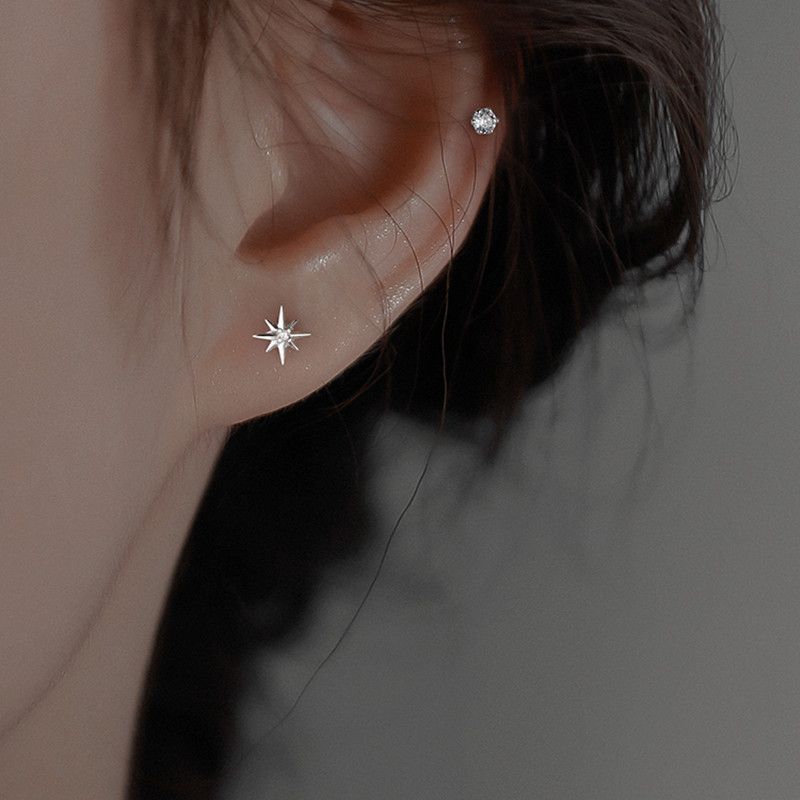 silver zircon octagonal star earrings for women, light luxury, high-end, versatile temperament, niche personality, geometric symmetry earrings golden pure silver