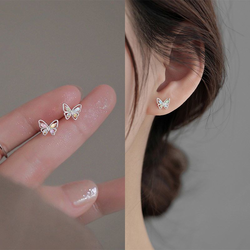 S999 pure silver butterfly earrings, women's summer temperament zircon earrings, high-end and niche design silver ear jewelry wholesale platinum blonde pure silver