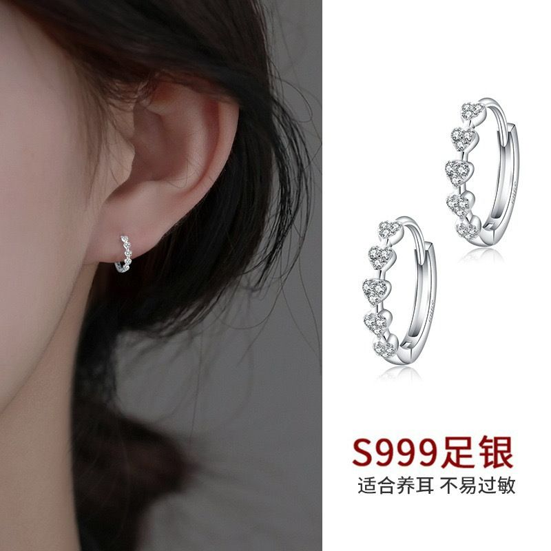 Love Zircon Earrings Female S999 Foot Silver Earrings, niche design, fashionable earring temperament, Instagram style versatile earrings platinum blonde pure silver