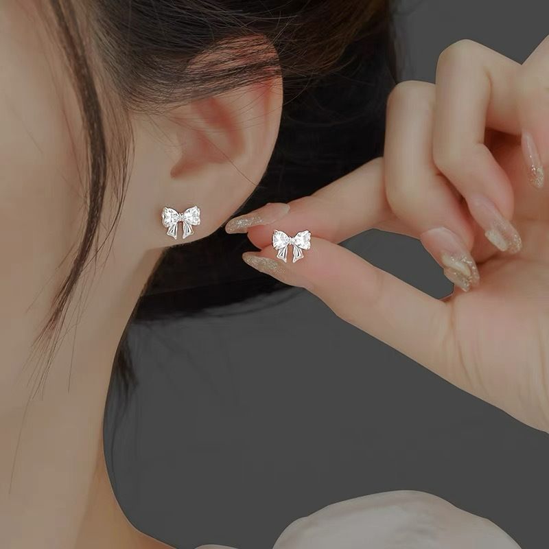 S999 pure silver bow earrings for girls, small and delicate zircon earrings, light luxury, high-end feeling, foot silver ear jewelry wholesale Style_1 pure silver