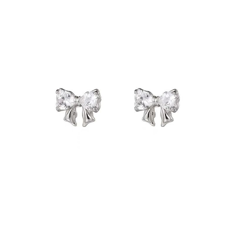 S999 pure silver bow earrings for girls, small and delicate zircon earrings, light luxury, high-end feeling, foot silver ear jewelry wholesale Style_1 pure silver