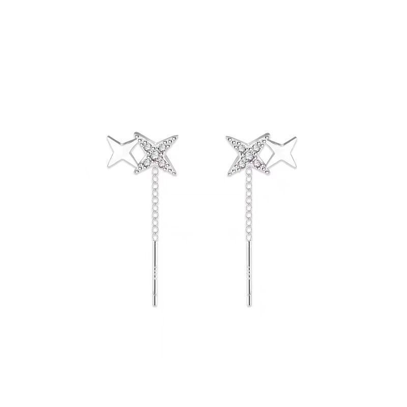 S999 Full Silver Four Star Earline Female Star Earrings, niche, light luxury, cold style, high-end, pure silver ear jewelry Style_1 pure silver