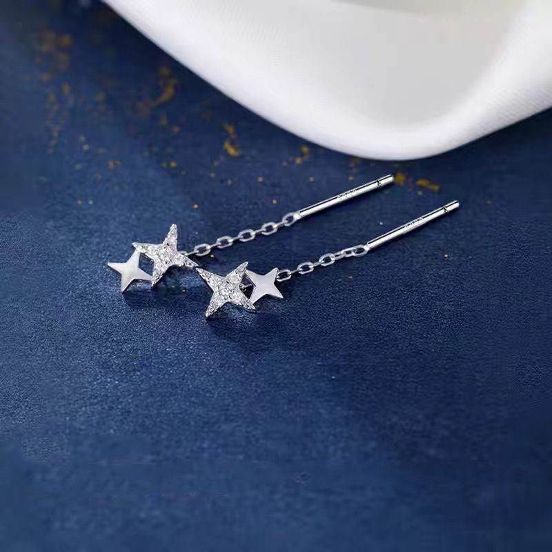 S999 Full Silver Four Star Earline Female Star Earrings, niche, light luxury, cold style, high-end, pure silver ear jewelry Style_1 pure silver