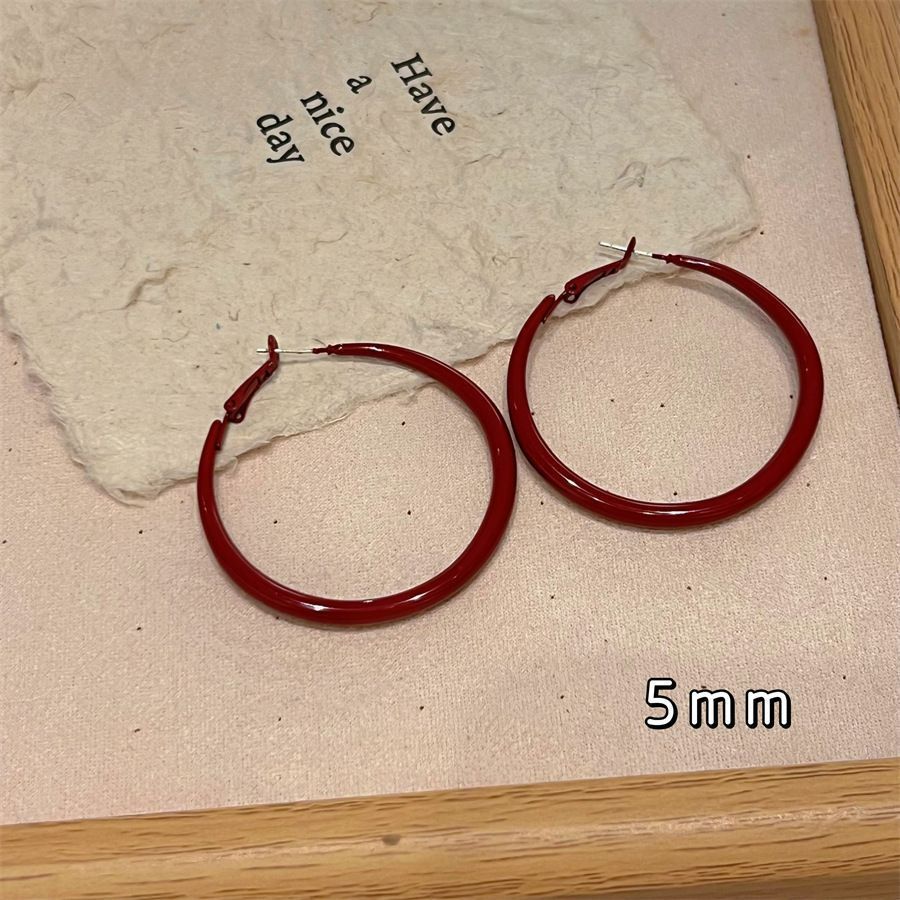 2*PC Hong Kong style Ankola wine red highlighted white earrings, retro earrings for women, fashionable and exaggerated large earrings, earrings 4CM circular AS PICTURE