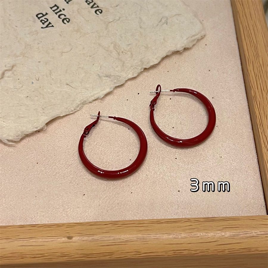 2*PC Hong Kong style Ankola wine red highlighted white earrings, retro earrings for women, fashionable and exaggerated large earrings, earrings 4CM circular AS PICTURE