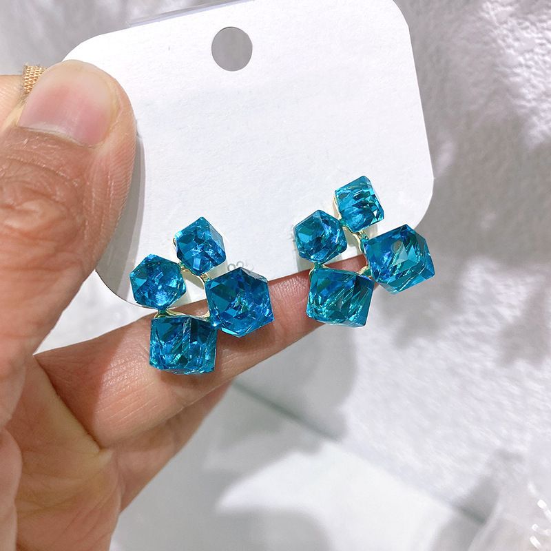 Geometric block three-dimensional dreamy zircon earrings, high-end gradient color candy versatile earrings blue AS PICTURE