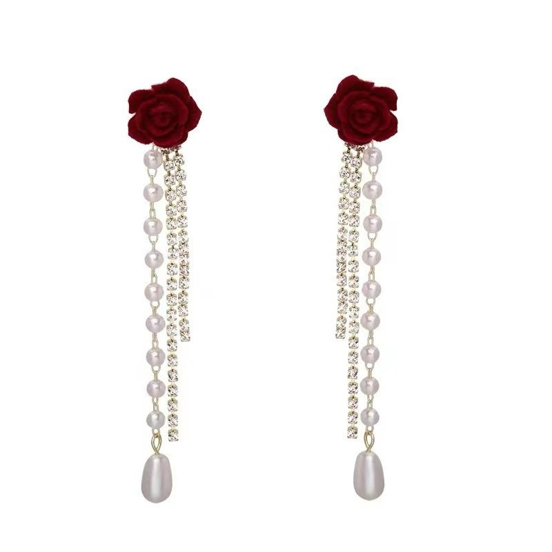 2*PC 2024 Plucked Camellia Pearl tassel Earrings French Vintage Wine Red Light Luxury Super Immortal Earrings image color AS PICTURE
