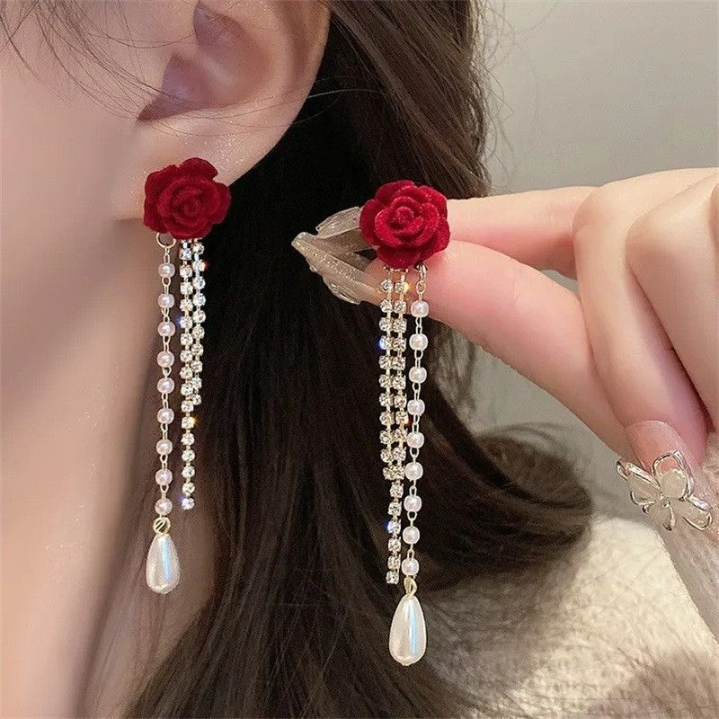 2*PC 2024 Plucked Camellia Pearl tassel Earrings French Vintage Wine Red Light Luxury Super Immortal Earrings image color AS PICTURE