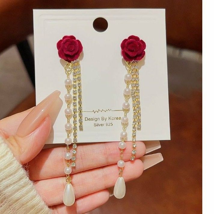 2*PC 2024 Plucked Camellia Pearl tassel Earrings French Vintage Wine Red Light Luxury Super Immortal Earrings image color AS PICTURE