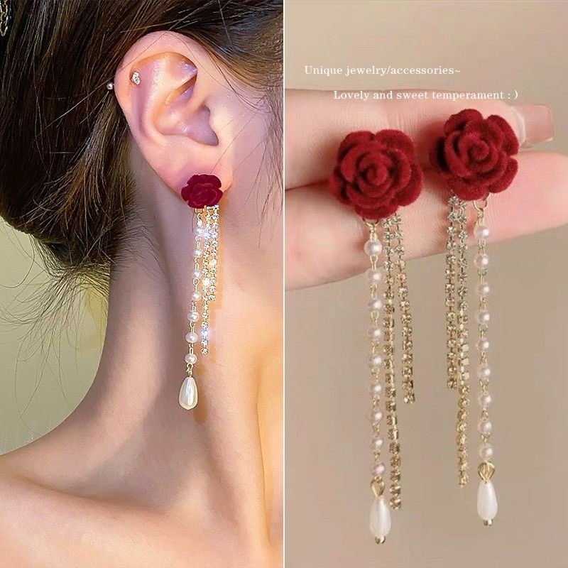 2*PC 2024 Plucked Camellia Pearl tassel Earrings French Vintage Wine Red Light Luxury Super Immortal Earrings image color AS PICTURE