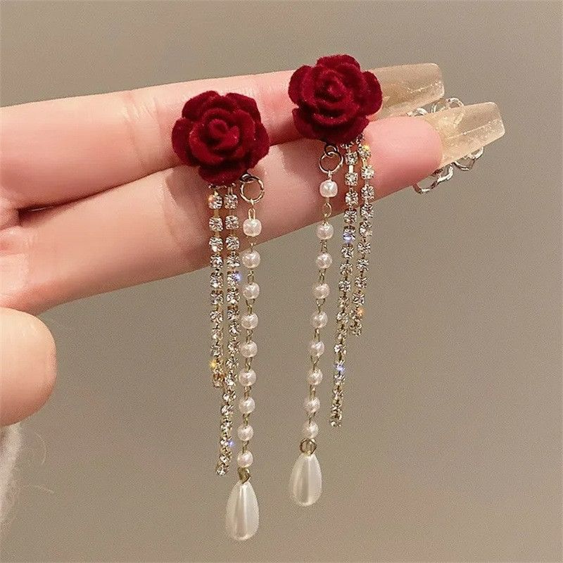 2*PC 2024 Plucked Camellia Pearl tassel Earrings French Vintage Wine Red Light Luxury Super Immortal Earrings image color AS PICTURE