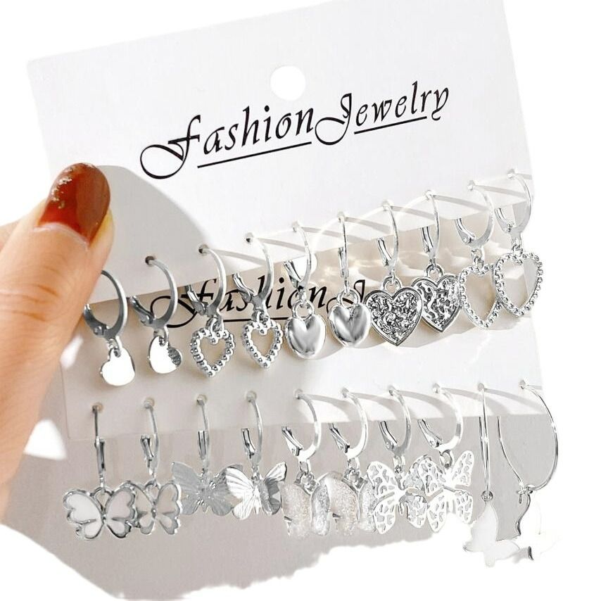 European and American Cross-border New Earrings Creative Retro Simple Hollow Love Golden Butterfly Ear Buckle suit 10-piece Set Silver One Size