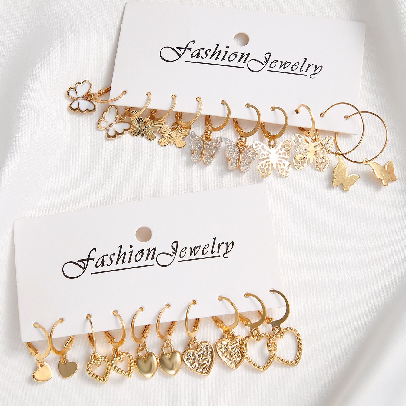 European and American Cross-border New Earrings Creative Retro Simple Hollow Love Golden Butterfly Ear Buckle suit 10-piece Set Silver One Size