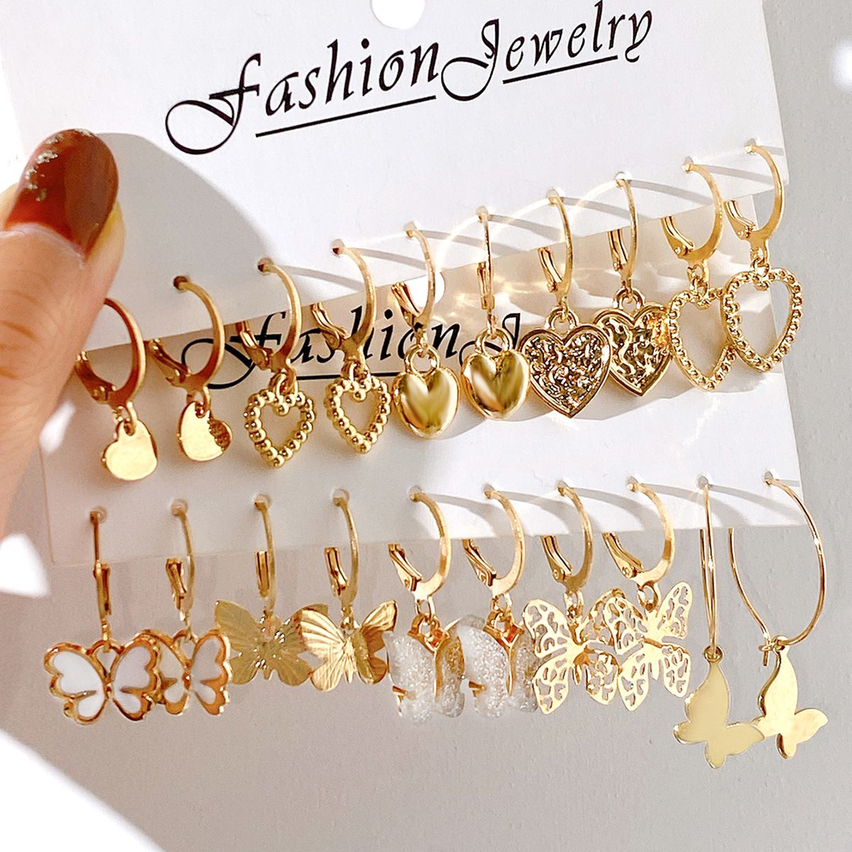European and American Cross-border New Earrings Creative Retro Simple Hollow Love Golden Butterfly Ear Buckle suit 10-piece Set Silver One Size