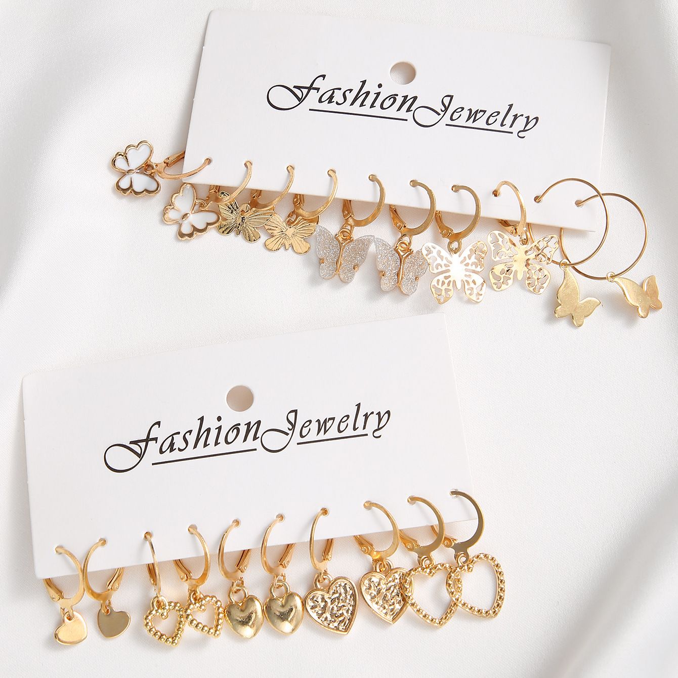 European and American Cross-border New Earrings Creative Retro Simple Hollow Love Golden Butterfly Ear Buckle suit 10-piece Set Silver One Size