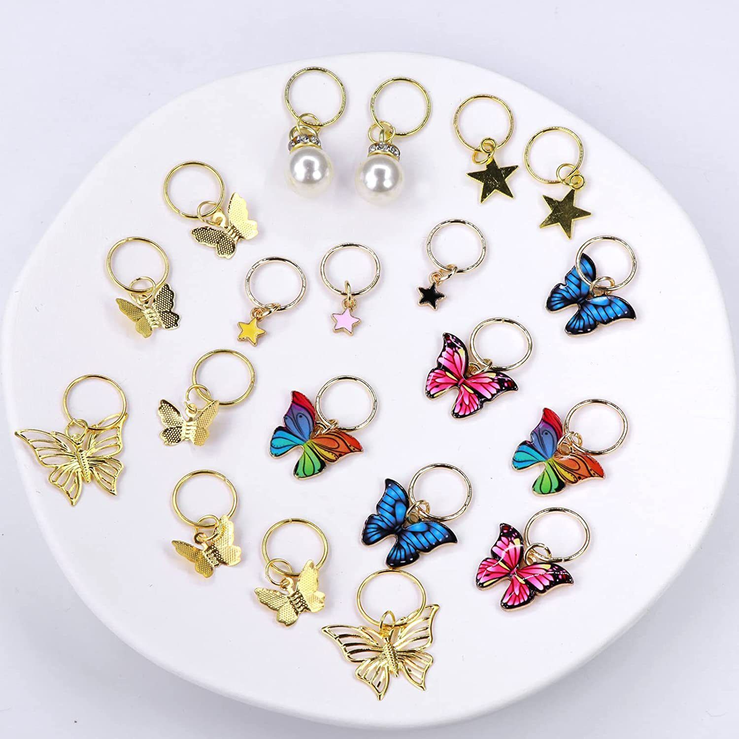 20 Pieces Golden Butterfly Crystal Long Hair Lock Color Pendant Pearl Hair Ornament Star Woven Clip Cuff European and American Style 20pcs Size