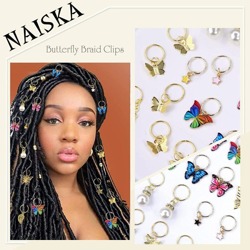 20 Pieces Golden Butterfly Crystal Long Hair Lock Color Pendant Pearl Hair Ornament Star Woven Clip Cuff European and American Style 20pcs Size