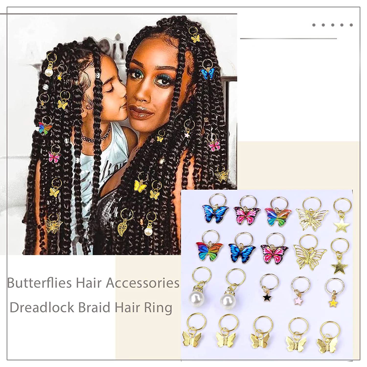 20 Pieces Golden Butterfly Crystal Long Hair Lock Color Pendant Pearl Hair Ornament Star Woven Clip Cuff European and American Style 20pcs Size