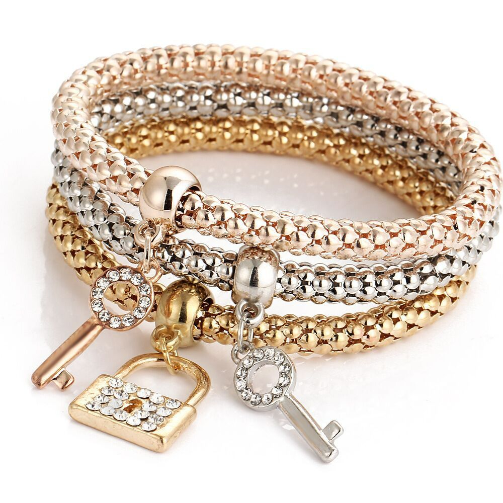 BJ012 Han Zhishang Ailex Tricolor suit Stretch Popcorn Corn Chain Diamond Butterfly Pendant Bracelet for Women Key lock One Size
