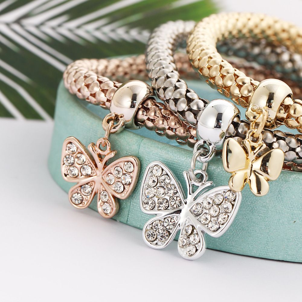 BJ012 Han Zhishang Ailex Tricolor suit Stretch Popcorn Corn Chain Diamond Butterfly Pendant Bracelet for Women Key lock One Size