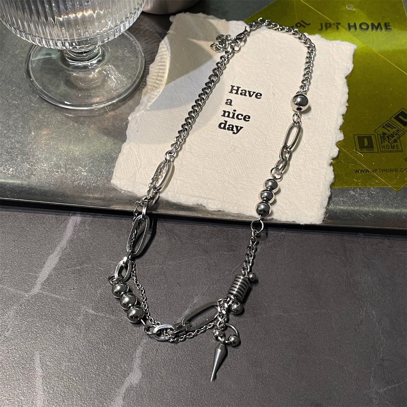 Titanium steel necklace for men, hip-hop style collar chain for women, unique design, does not fade, rivet splicing, suitable as a sweater chain silver ONE SIZE FITS ALL