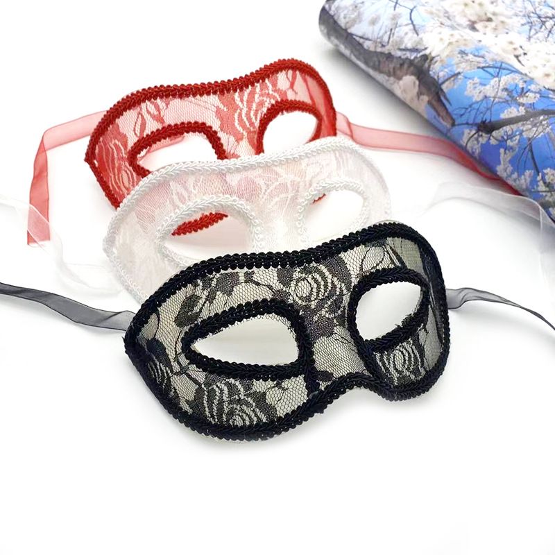 Halloween mask for ladies party, short hair lace half-face dance eyemask, princess lace ribbon festival performance fake mask red OS