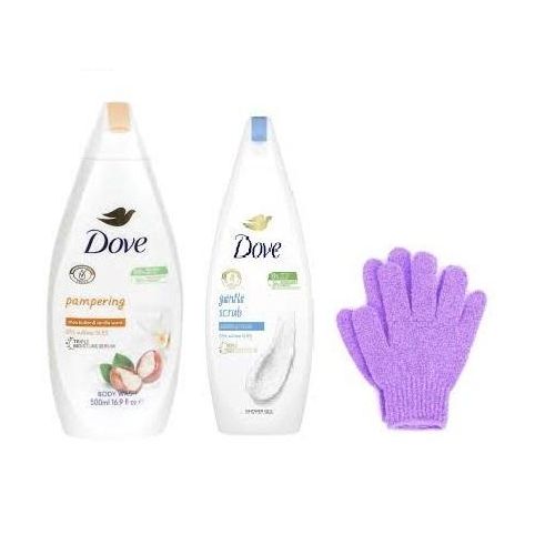 Dove Pampering Body Wash/Shower Gel + Gentle Scrub + Exfoliating Gloves