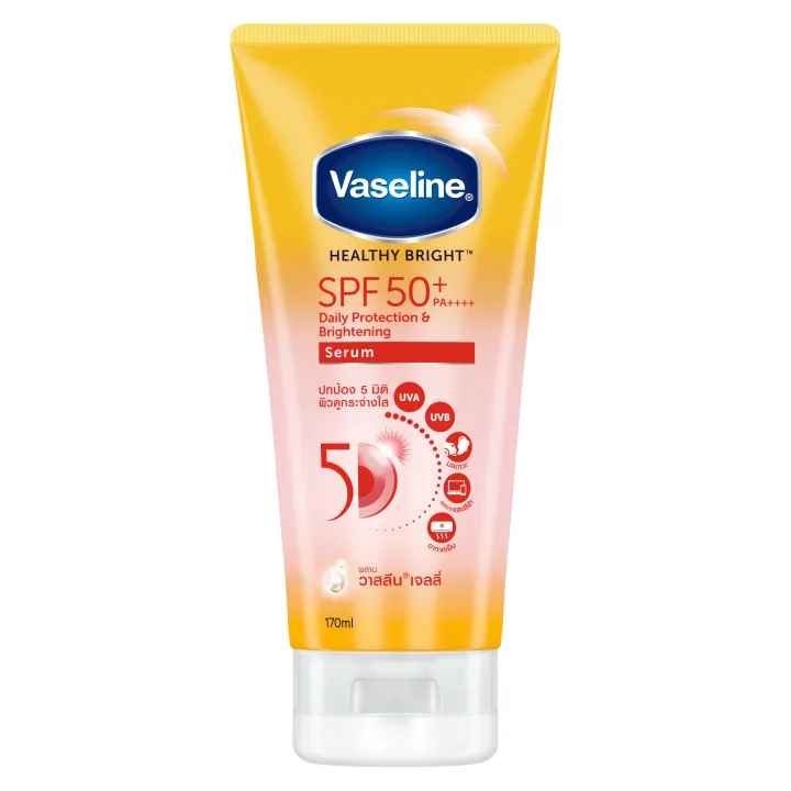 Vaseline Healthy Bright SPF50+ PA++++ Serum 300 ml – 5D Daily Protection, Niacinamide & Multivitamin Brightening, Lightweight Non-Greasy Sunscreen Lotion