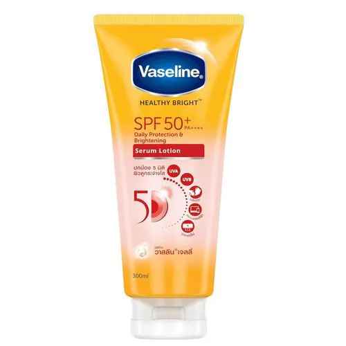 Vaseline Healthy Bright SPF50+ PA++++ Serum 300 ml – 5D Daily Protection, Niacinamide & Multivitamin Brightening, Lightweight Non-Greasy Sunscreen Lotion