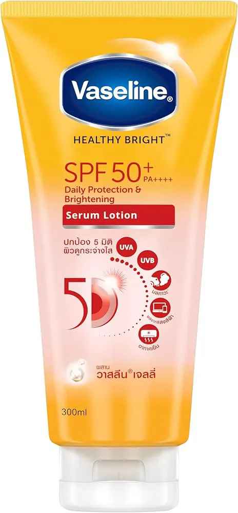 Vaseline Healthy Bright SPF50+ PA++++ Serum 300 ml – 5D Daily Protection, Niacinamide & Multivitamin Brightening, Lightweight Non-Greasy Sunscreen Lotion