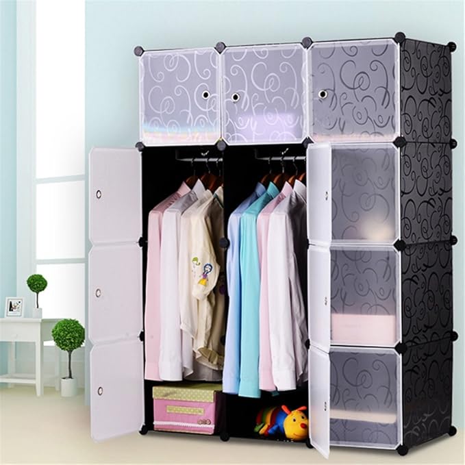 White Wardrobe Closet Insertion System Rack System 12 Cube Storage System Shoe Cabinet Wardrobe with Door (Black)