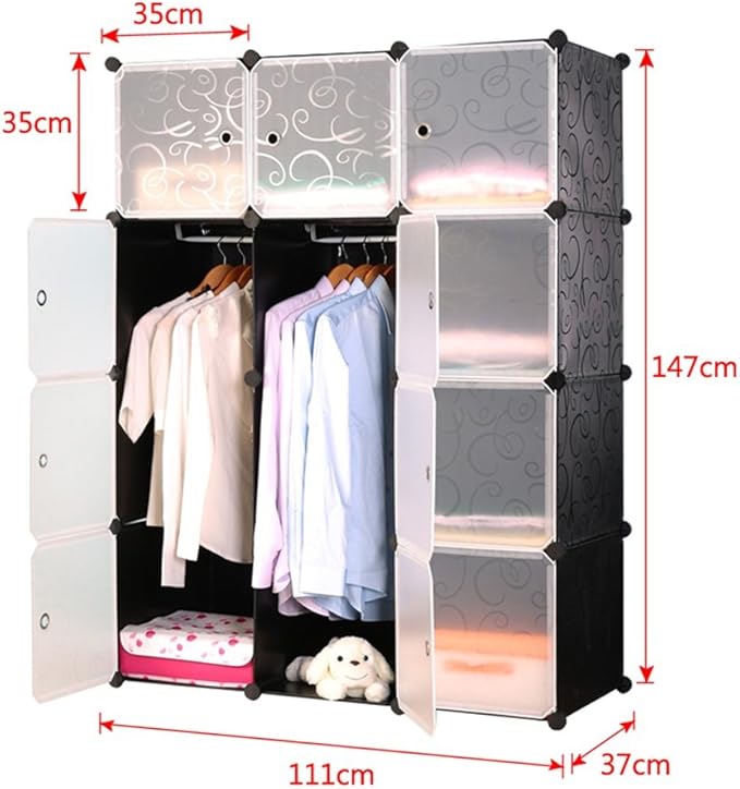 White Wardrobe Closet Insertion System Rack System 12 Cube Storage System Shoe Cabinet Wardrobe with Door (Black)