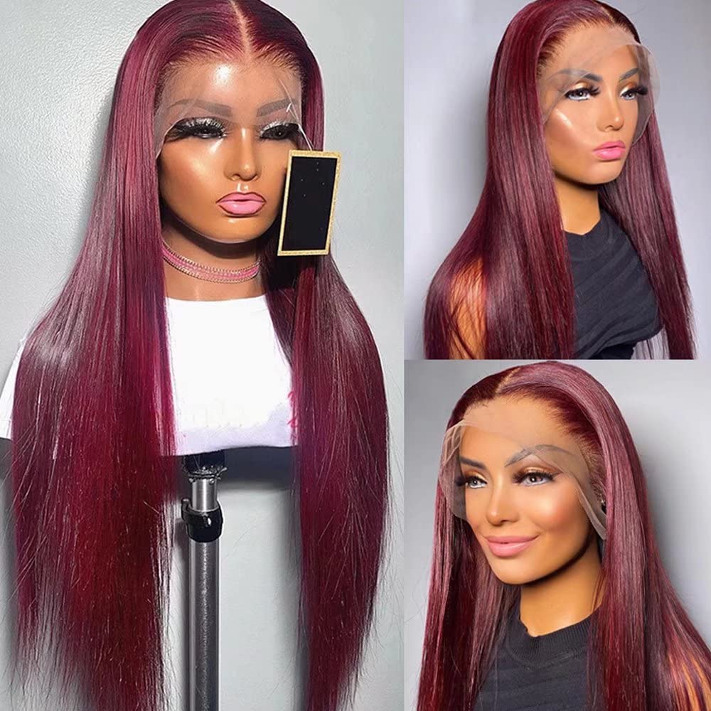 13x6 HD Lace Front Wigs Pre Plucked 250% 99J Silky Straight Burgundy Wigs Invisible HD Lace Front Human Hair Wigs for Women