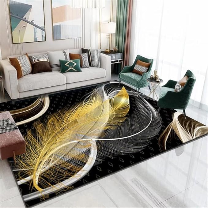 7 by 10 Extra Large Rugs For Living Room Living Room Carpet Living Room Yellow Carpet Feather Abstract Pattern Carpet Bedroom Durable 100X160Cm Outdoor Rugs