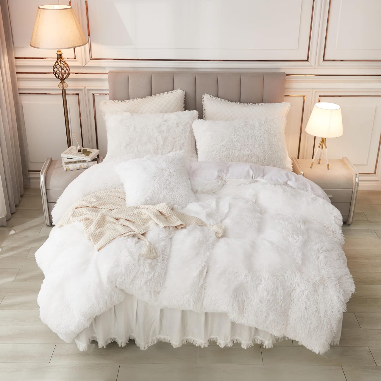 6pcs of 6*7 Fluffy duvet Set Comes as 1pc Fluffy Duvet, 1pc Bedsheet 2pcs Pillow Cases and 2pcs Trow Pillow Cases or Cover Bedding Set