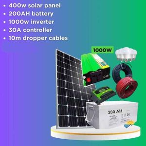 SUNNYPEX Solar Panel System Fullkit 400W Mono Solar Panel + 200AH Battery + 1000w Inverter + 30Amp Controller + 4 Bulbs+ 10M DROPPER WIRE