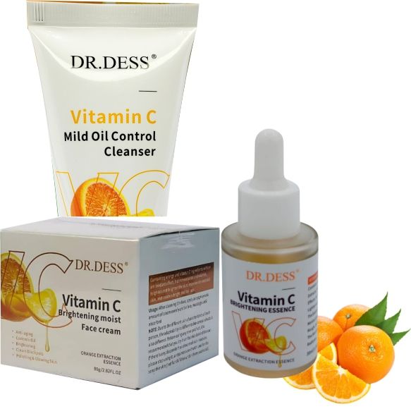 DR.DESS Vitamin C 3-in-1 Facial Skincare Set – Cleanser, Serum & Face Cream for Brightening, Dark Spots, Hydration & Smooth, Glowing Skin  Anti-Aging Routine