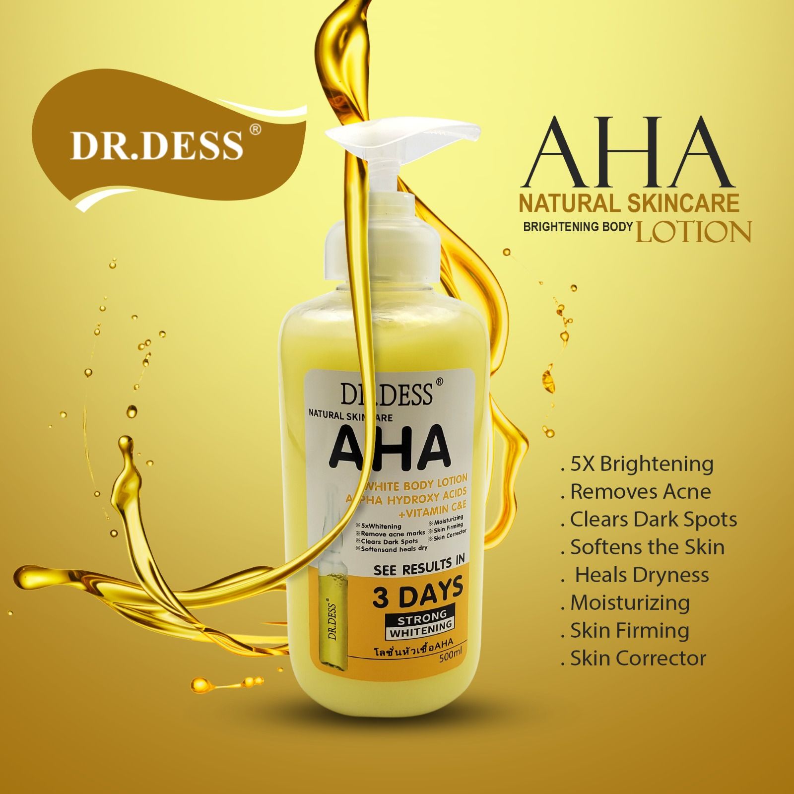 DR.DESS AHA Natural Body Lotion Brightening Hydrating Soft Smooth Skin Nourishing Daily Care Moisturize 500ml fades dark spots, evens skin tone