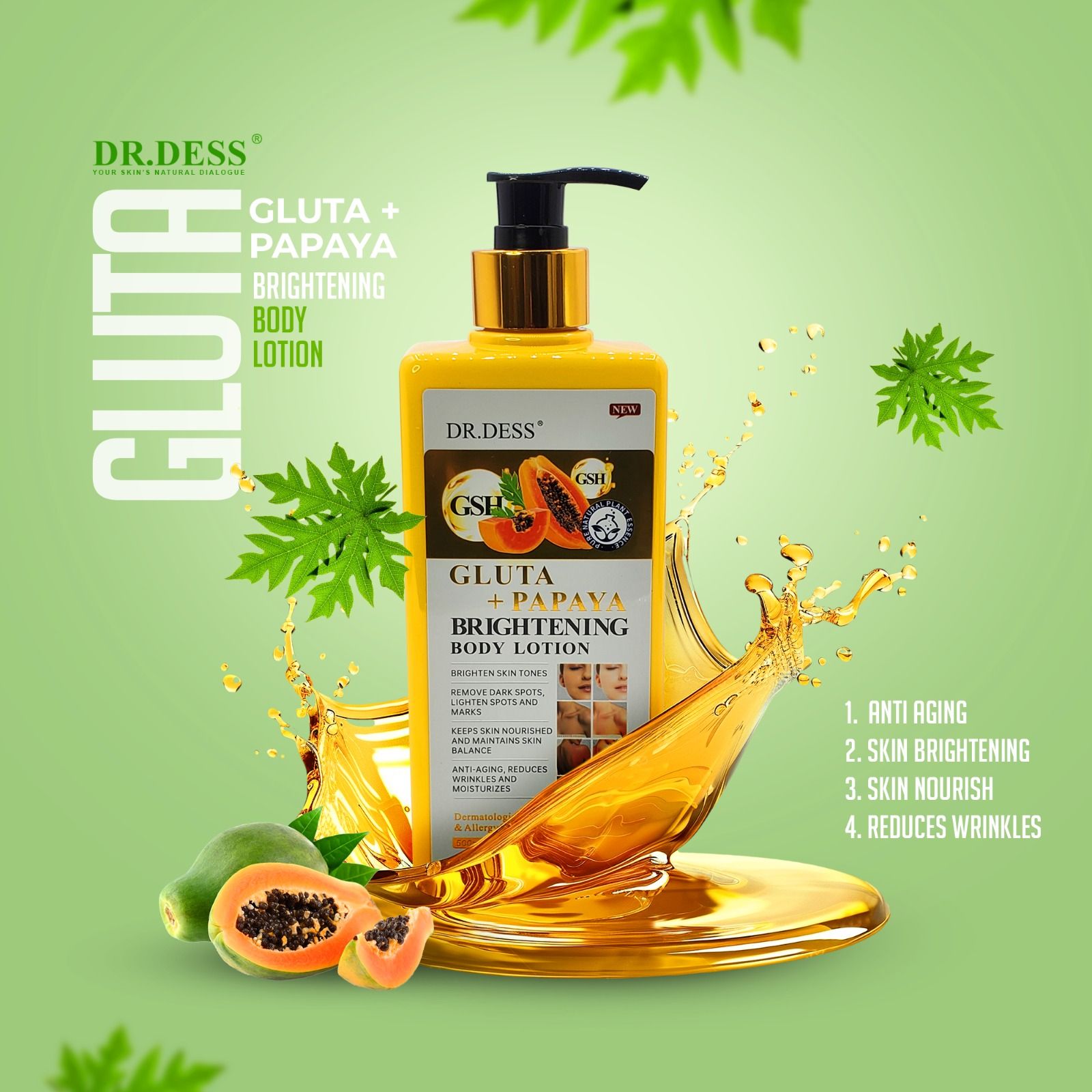 DR.DESS Gluta Papaya Brightening Body Lotion 500ml Hydrating Nourishing Moisturizing Soft Smooth Skin Care for Radiant Healthy Skin