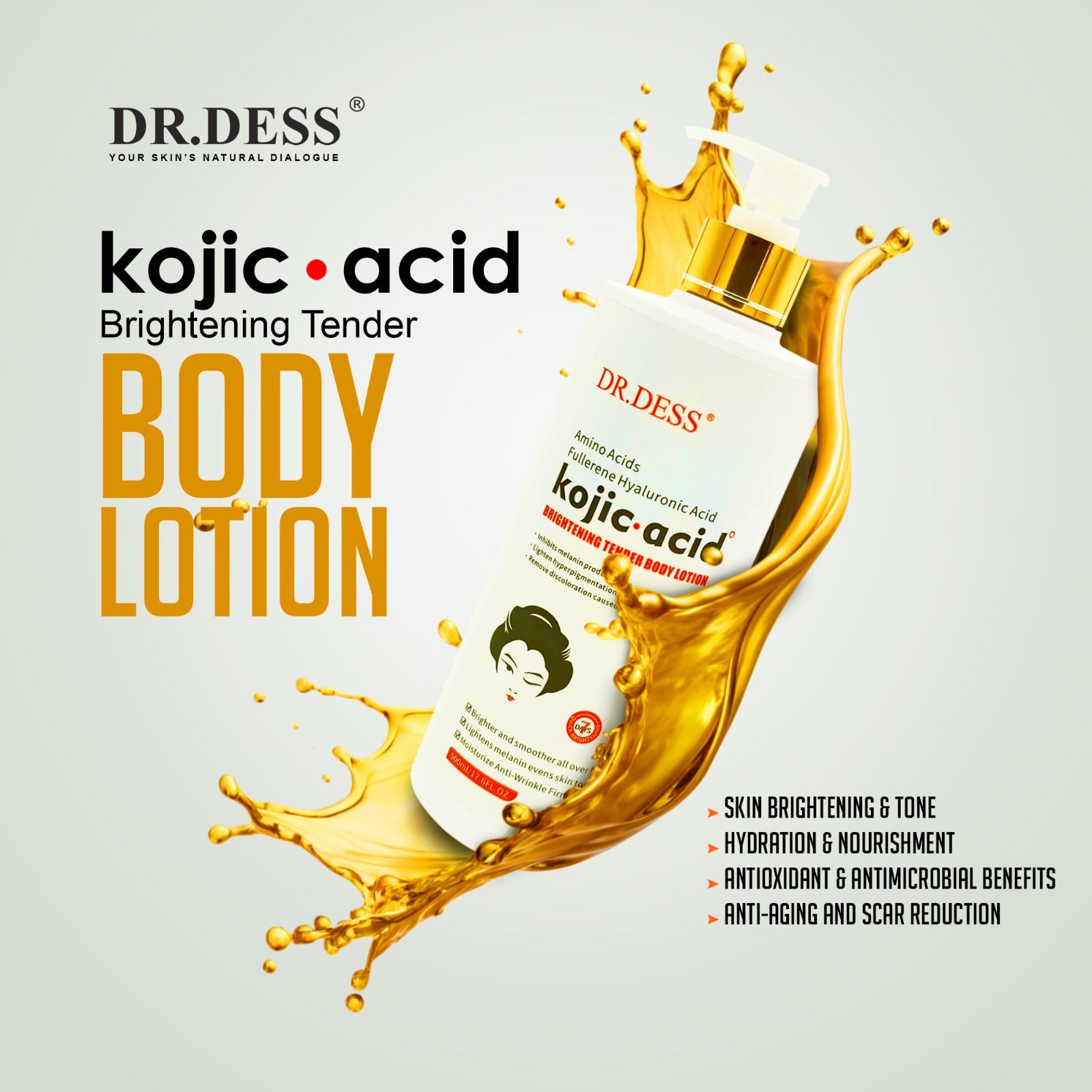 DR.DESS  Kojic Acid Brightening Tender Lotion, Moisturizing & Skin Lightening, Fades Dark Spots, Uneven Skin Tone, Hydrating Daily Body Care for Women & Girls, Smooth Radiant Skin