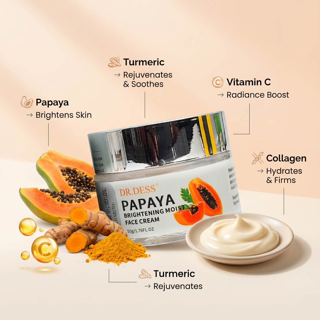 DR.DESS Papaya Brightening Moist Face Cream 50g Hydrates Brightens Fades Dark Spots Smooth Radiant Even-Toned Skin Daily Glow Moisturizer