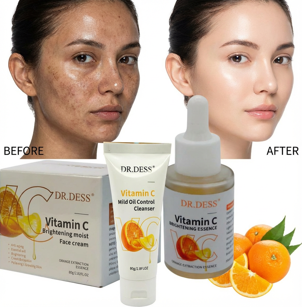 DR.DESS Vitamin C 3-in-1 Facial Skincare Set – Cleanser, Serum & Face Cream for Brightening, Dark Spots, Hydration & Smooth, Glowing Skin  Anti-Aging Routine