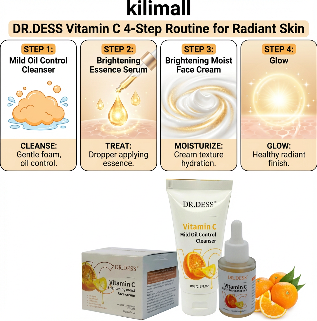 DR.DESS Vitamin C 3-in-1 Facial Skincare Set – Cleanser, Serum & Face Cream for Brightening, Dark Spots, Hydration & Smooth, Glowing Skin  Anti-Aging Routine