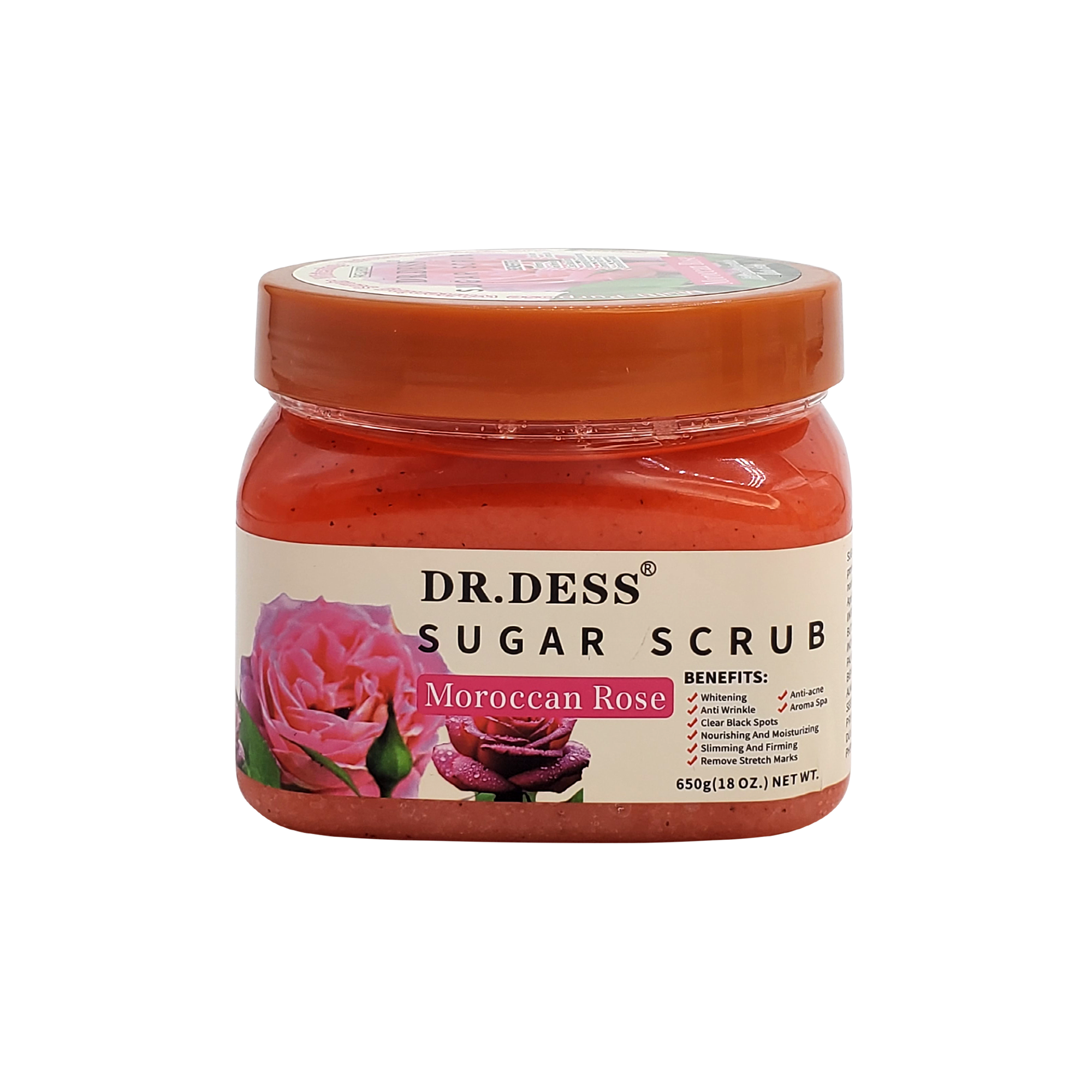 Dr. Dess Moroccan Rose Sugar Scrub  cleanses the skin exfoliates, removes dead skin, and makes the skin smooth and elastic Bathing Morrocan Natural Rose body scrub, facial scrub, hand scrub or foot