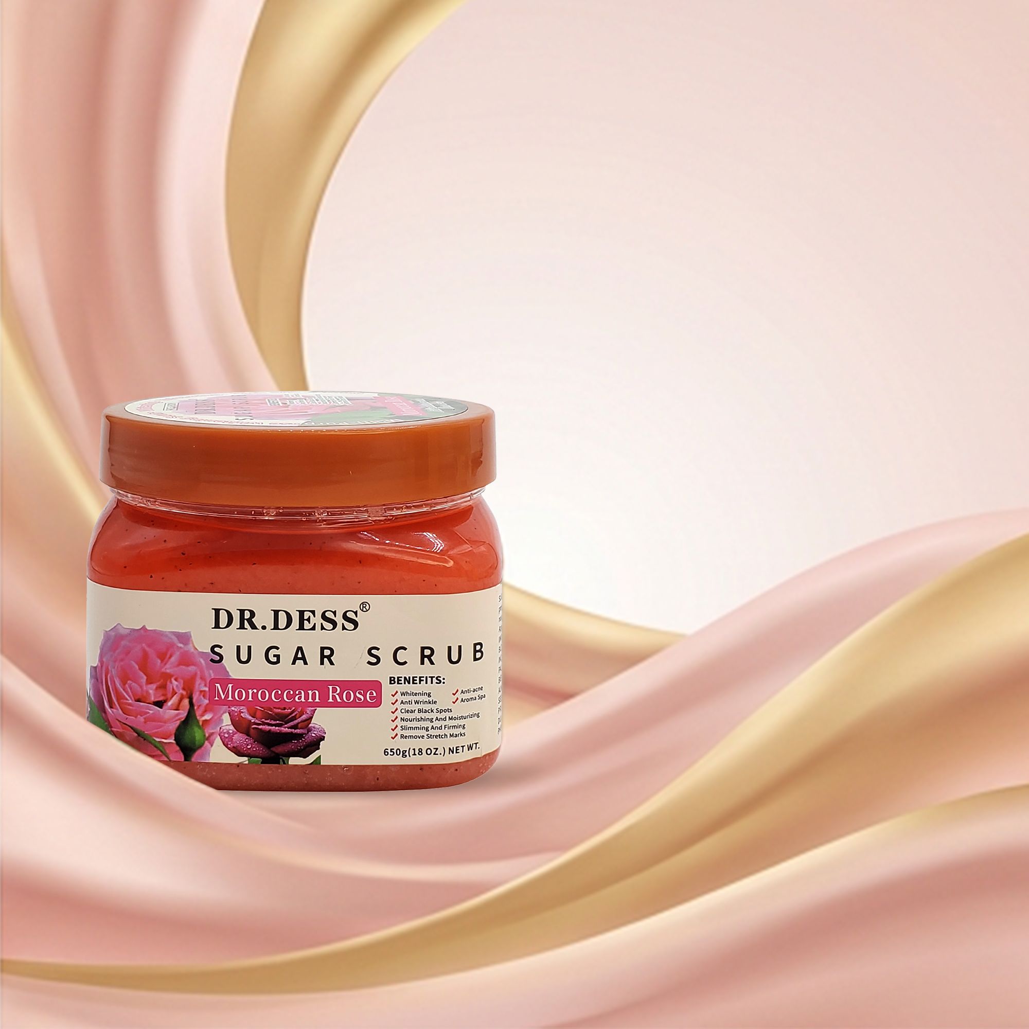 Dr. Dess Moroccan Rose Sugar Scrub  cleanses the skin exfoliates, removes dead skin, and makes the skin smooth and elastic Bathing Morrocan Natural Rose body scrub, facial scrub, hand scrub or foot