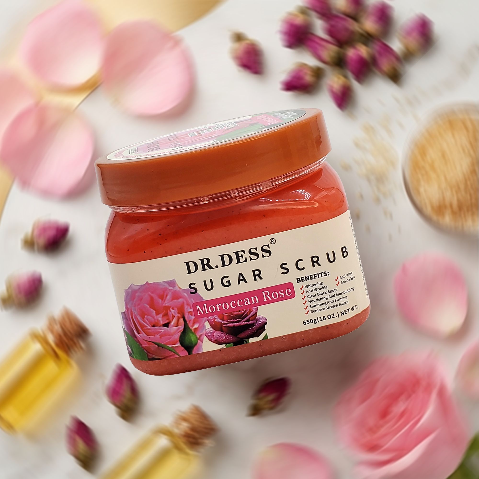 Dr. Dess Moroccan Rose Sugar Scrub  cleanses the skin exfoliates, removes dead skin, and makes the skin smooth and elastic Bathing Morrocan Natural Rose body scrub, facial scrub, hand scrub or foot