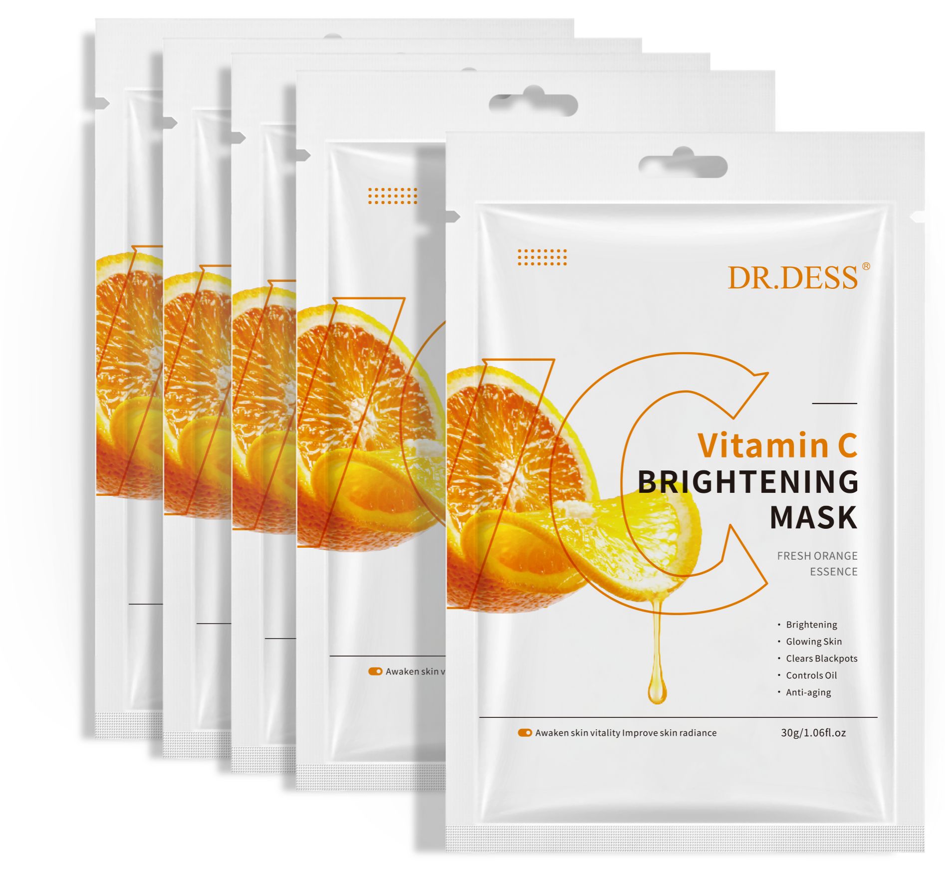 DR.DESS  5pcs Vitamin C Face Mask Sheet Long Lasting Nourishing Mask Brightening Revitalize Face Mask
