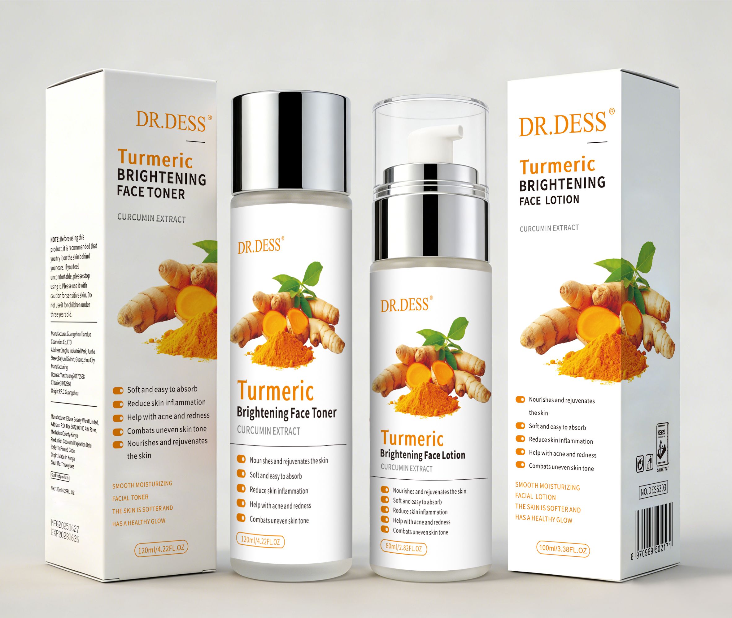 DR.DESS  2 in 1 Turmeric Face Lotion and Face Toner brighten skin, fade dark spots, and reduce acne Soothes Inflammation