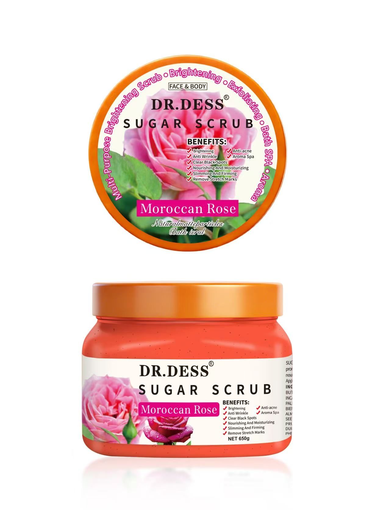 Dr. Dess Moroccan Rose Sugar Scrub  cleanses the skin exfoliates, removes dead skin, and makes the skin smooth and elastic Bathing Morrocan Natural Rose body scrub, facial scrub, hand scrub or foot